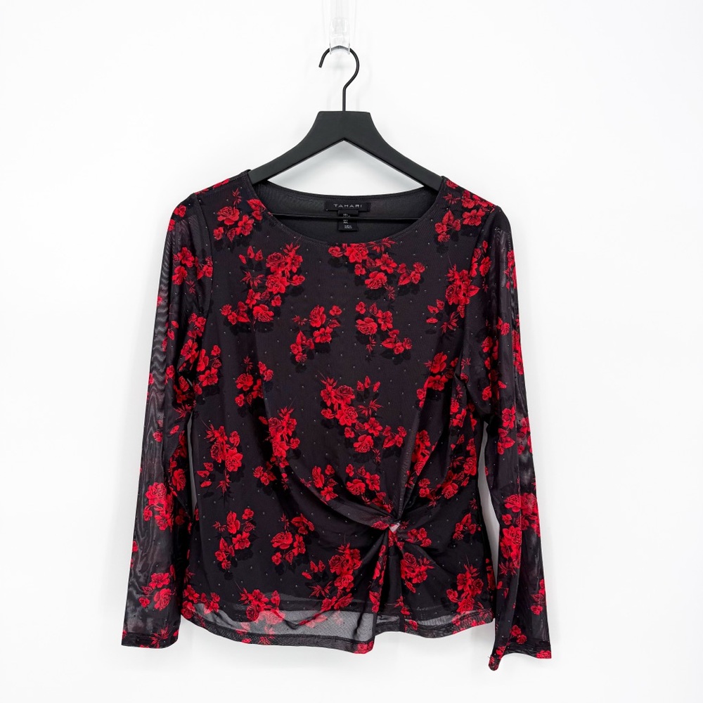 Tahari Rose Floral Mesh Twist-Front Blouse Black Red Large
